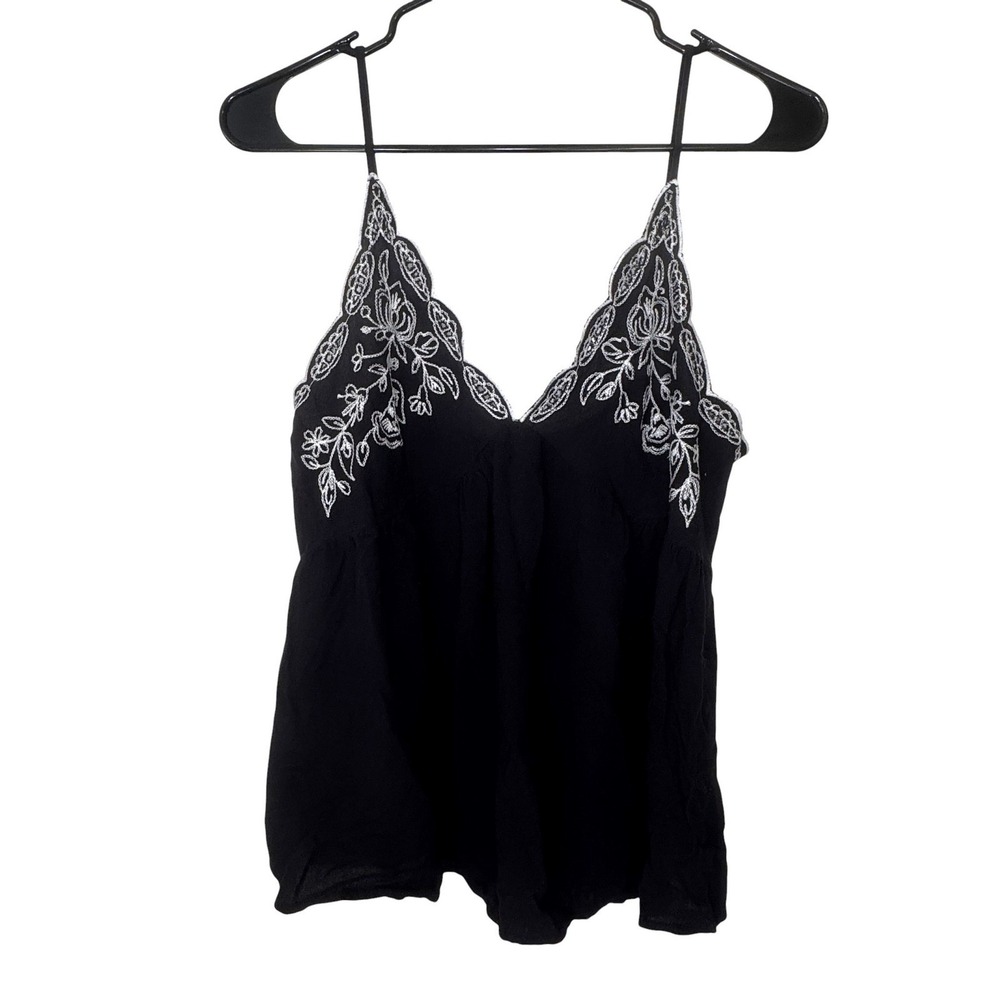 Love On A Hanger Black Floral Babydoll Cami Womens Large Embroidered Smocked Top